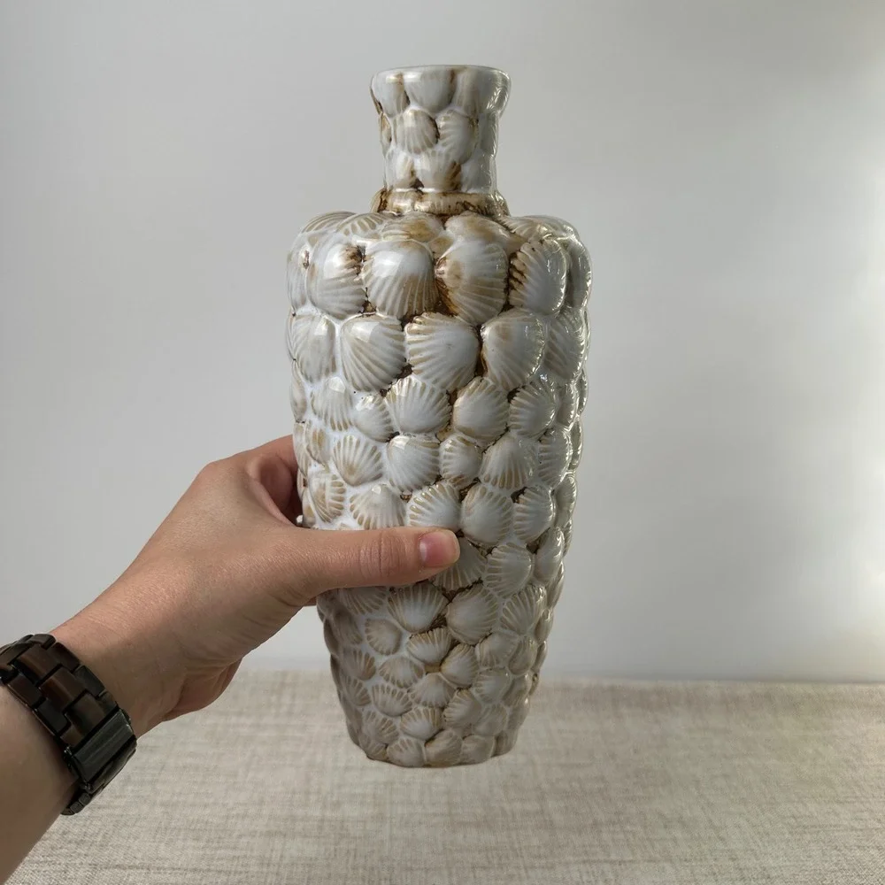 Sculptural Ceramic Scallop Shell Vase | Textured Seashell Bottle Vase
